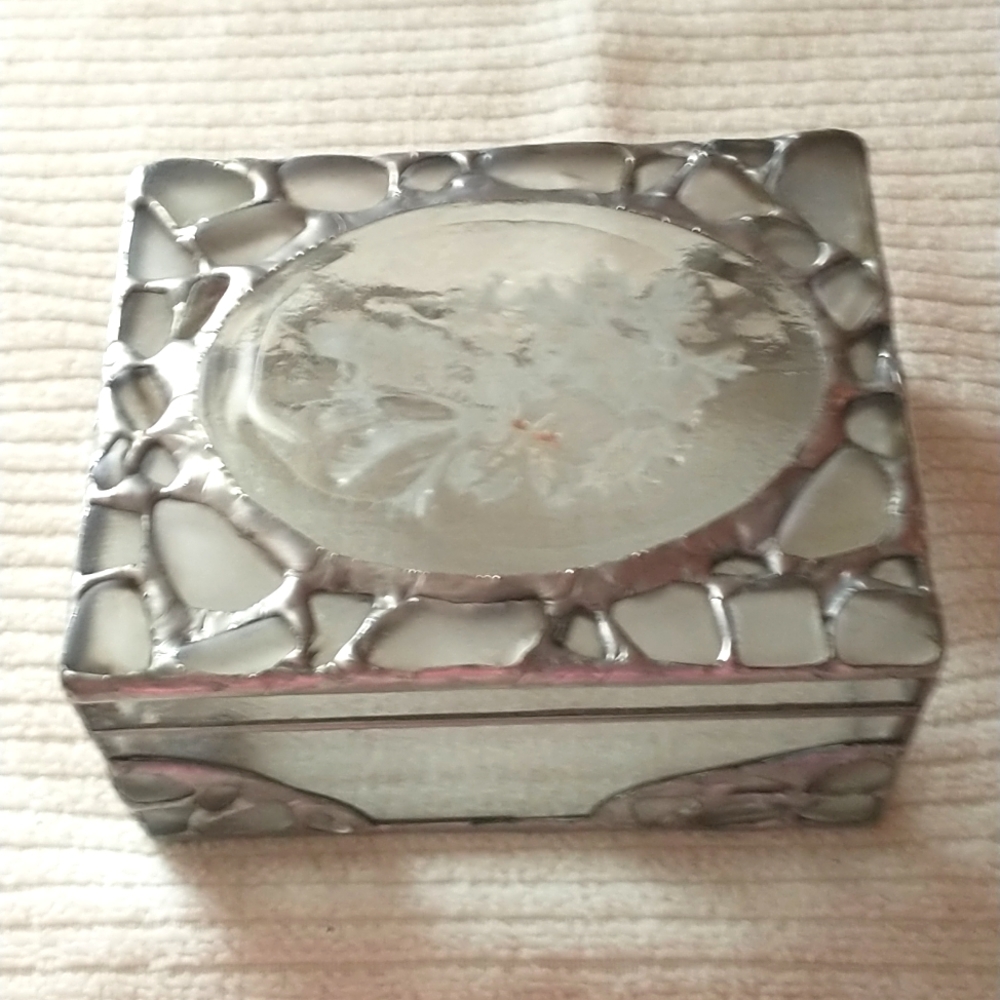 Leaded Glass Jewelry/Trinket Box w/chain to secure the top, along w/2 hinges.